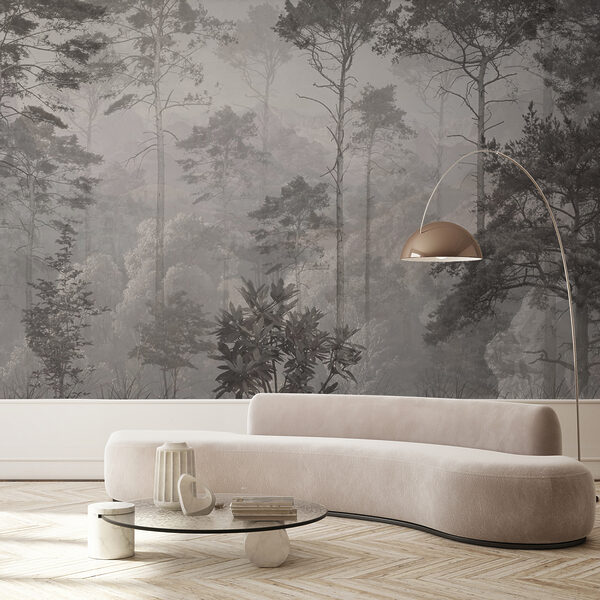 Wall mural Misty forest with tall trees