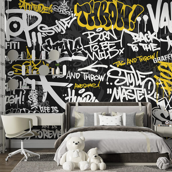 Wall mural Yellow graffiti on a black background