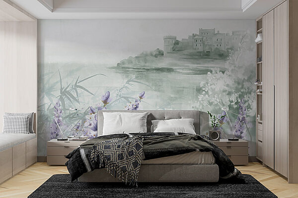 Watercolor painting of a castle and flowers Wall murals Watercolor painting of a castle and flowers