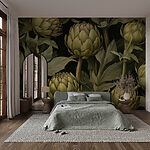 Wall murals Artichokes with leaves and stems on a black background
