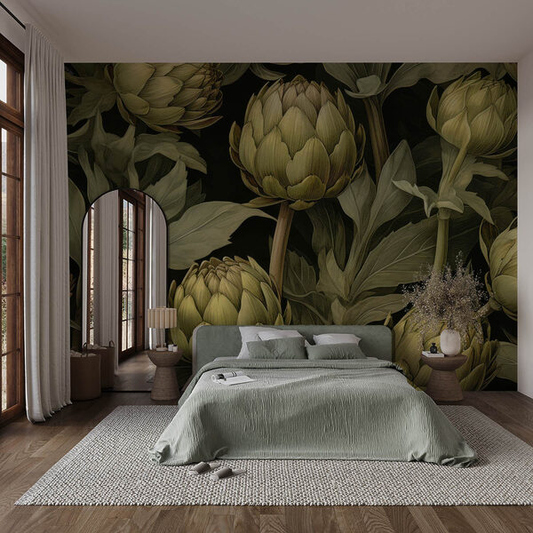 Artichokes with leaves and stems on a black background Wall murals Artichokes with leaves and stems on a black background