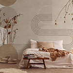 Wall murals Brown and white background with brown and white circles and plants