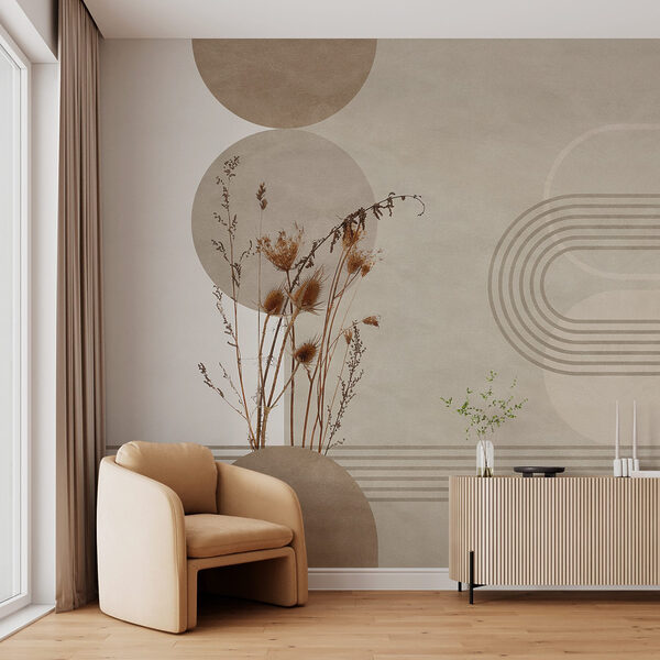 Wall mural Brown and white background with brown and white circles and plants