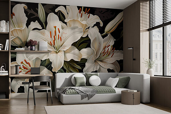 Beautiful white lilies in full bloom Wall murals Beautiful white lilies in full bloom