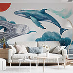 Wall murals Whale and water with a red sun