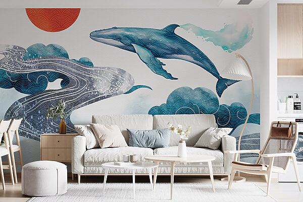 Whale and water with a red sun Wall murals Whale and water with a red sun
