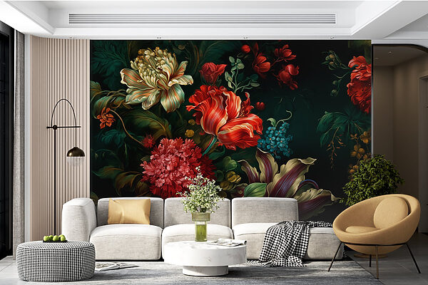 Painting of flowers on a dark background Wall murals Painting of flowers on a dark background