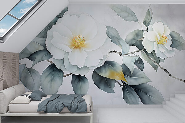 White flower with green leaves Wall murals White flower with green leaves