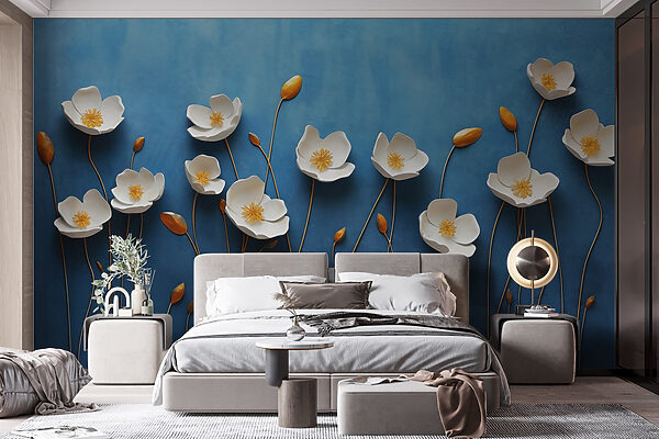 Group of white flowers on a blue background Wall murals Group of white flowers on a blue background
