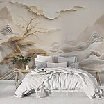 Wall murals Tree and mountains with clouds and sun