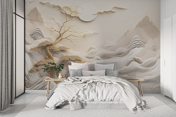Tree and mountains with clouds and sun Wall murals Tree and mountains with clouds and sun