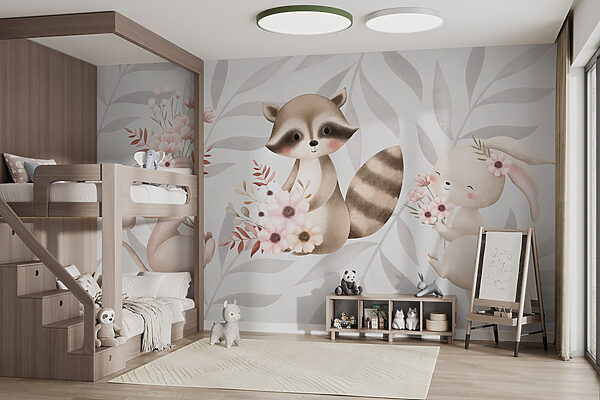 Raccoon and rabbit holding flowers Wall murals Raccoon and rabbit holding flowers