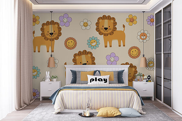 Group of cartoon lions and flowers Wall murals Group of cartoon lions and flowers