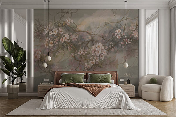 Painting of flowers on a branch Wall murals Painting of flowers on a branch