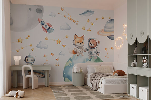 Watercolor cartoon of animals in space Wall murals Watercolor cartoon of animals in space