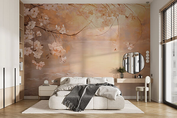 Painting of a tree branch with flowers Wall murals Painting of a tree branch with flowers