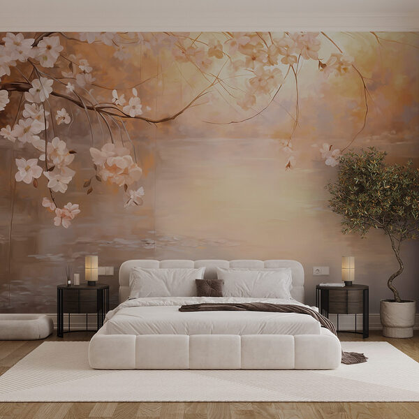Painting of a tree branch with flowers Wall mural Painting of a tree branch with flowers