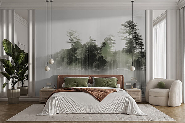 Body of water with trees and fog Wall murals Body of water with trees and fog