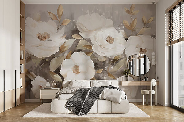 Painting of white flowers and leaves Wall murals Painting of white flowers and leaves