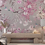 Wall murals Wallpaper with flowers and feathers