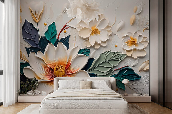 White and yellow flower with leaves Wall murals White and yellow flower with leaves