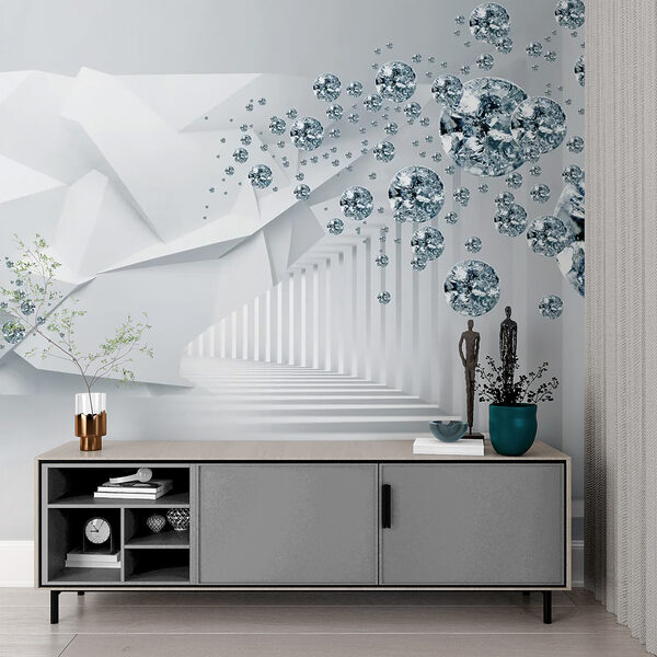 Floating gems in a futuristic hallway Wall mural Floating gems in a futuristic hallway