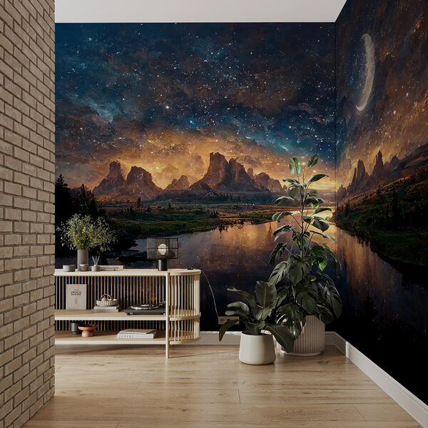 River with a body of water and a city in the background Wall mural River with a body of water and a city in the background