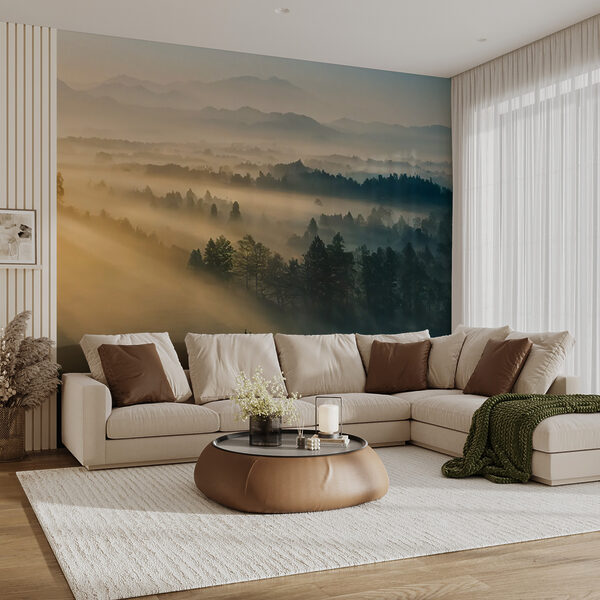 Wall mural Foggy landscape with trees and mountains