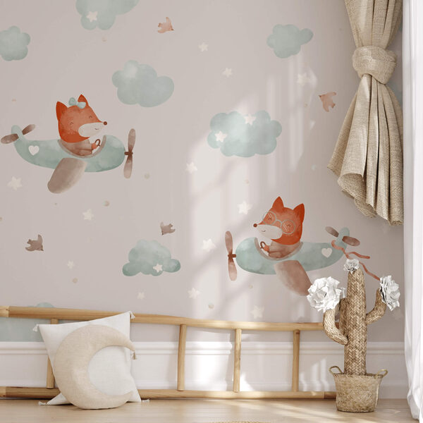 Wall mural Pattern of foxes flying on airplanes (SKU: t00024)