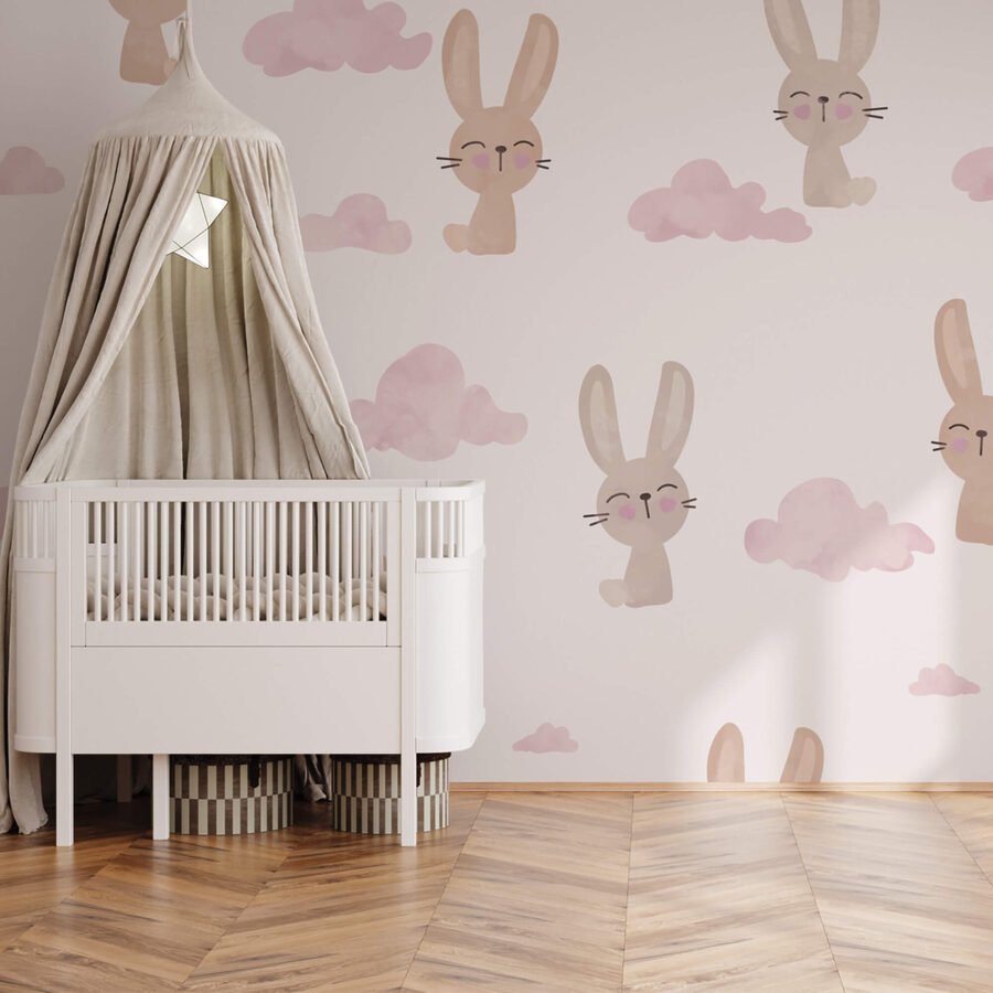 Wall mural Pattern of rabbits and clouds (SKU: t00028)
