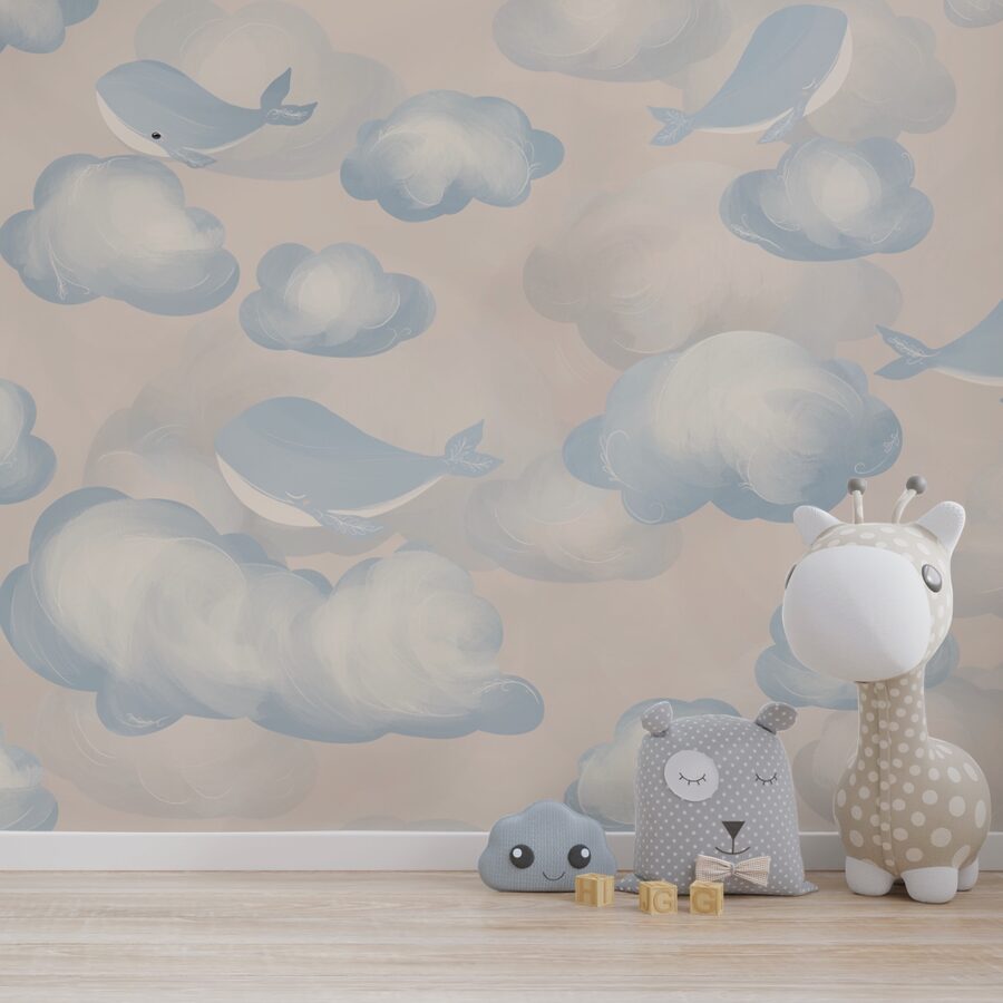 Wall mural Blue and white clouds and whales (SKU: t00148)