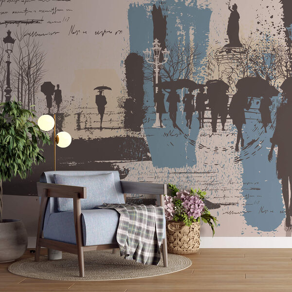 Wall mural Group of people walking with umbrellas (SKU: t00239)