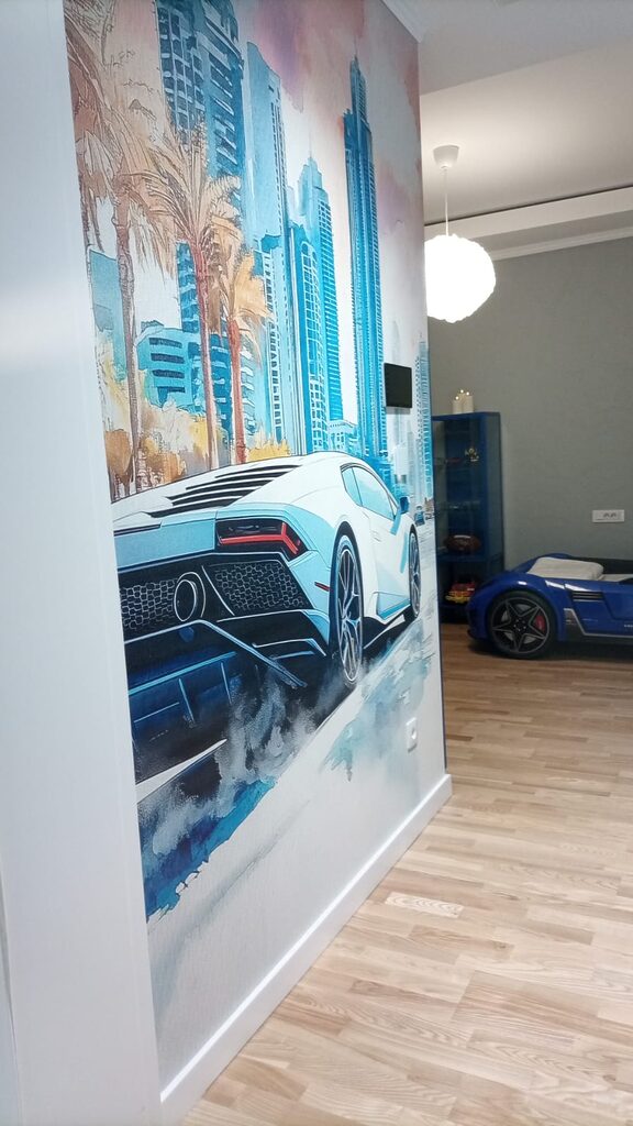 Wall mural Painting of a white sports car driving on a road with palm trees